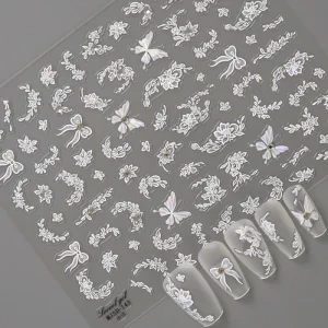Nail Stickers Flower 5D Embossed Decals White Shell Light Diamond Bow Butterfly Floral Nail Stickers