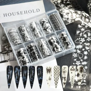 Nail Supplies 10grid 3D Black White Flower Nail Foils Paper Set Transfer Sticker DIY Art Butterfly Ribbon Manicure Decoration