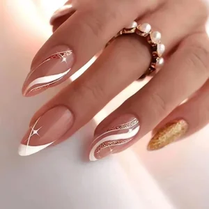 Nail Supply False Nail Art White Star Ripple sharp Shinny Medium Almond champagne Press on Nail Fingernail