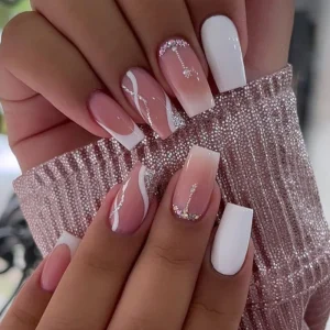 Nail Supply False Nail Black French White Edge Rhinestone Glitter Medium Ballerina Press on Fingernail