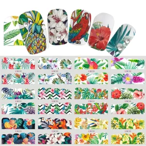 Nail Water Transfer Sticker Green Leaf Parrot Fruit Slider Flower Nail Art Slider Decal Set Wraps Foils Manicure Nail Vendor