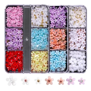 Nails Accessories Art 3D Resin Pink White Purple Red Flower Nail Decoration with Rhinestone