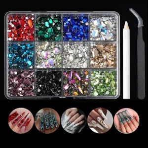 New 12 Grid Box Mixed Fancy Shape Flatback Rhinestones Nail Art Decoration Set