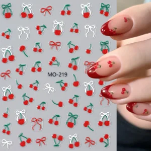 New 3D Plastic Cherry Nail Stickers Cute Red Bow Design Eco Friendly Self-Adhesive DIY Nail Art Decorations