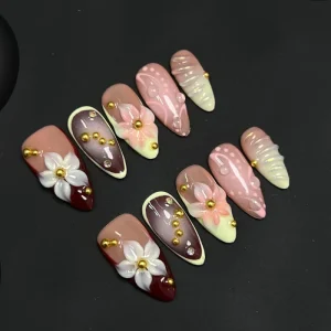 New 3d Flower Almond Pmma Handmade 10pcs Press on Nails Oem High Quality Artificial Fingernails for Nail Art Salon