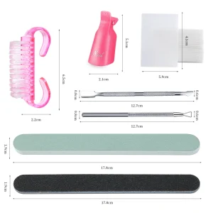 New 7 Piece Nail Removal Tool Set Towel Clip Cuticle Pusher Cotton Pads Brushes Polishing File for Nail Polish Remover Cleaning