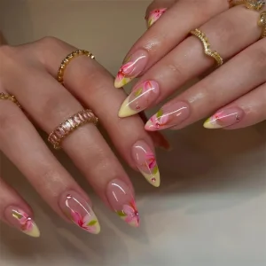New Almond French Style Flower 24pcs Machine Made & Half Handmade Acrylic Nails Press On False Fingers Nails