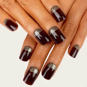 New Arrival 30pcs Luxury Glossy Burgundy French Tip Glitter Long Lasting Short Square Press on Nails