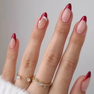 New Arrival Almond Reusable Durable Soft Gel Nails Luxury Red False Stick On Nails Christmas French Tips Press On Nails