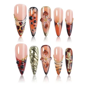 New Arrival High Quality 3D Flower Carved Hand Painted Blush Short Square Press Artificial Nails for Finger