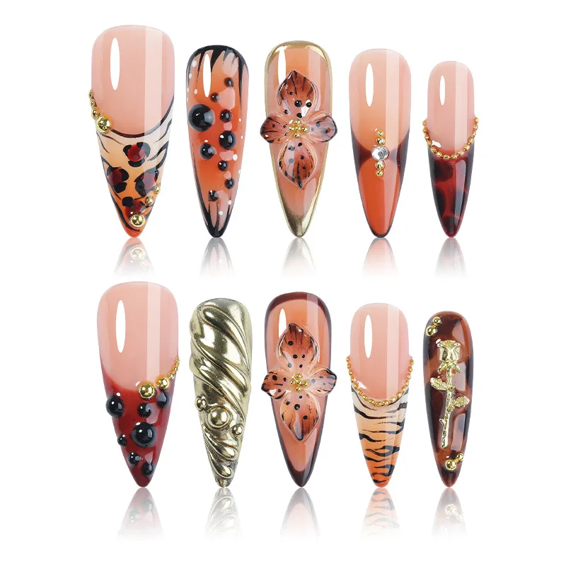 New Arrival High Quality 3D Flower Carved Hand Painted Blush Short Square Press Artificial Nails for Finger