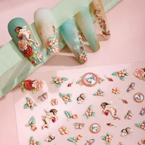 New Arrival Luxury 5D Relief Craft Vintage Oil Painting White Flower Decals Nail Art Decoration Decorative Sticker