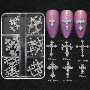 New Cool Girl DIY Nail Decorations Set 6 Grids Box 3D Alloy Nail Rhinestone Charms Cross Nail Art Alloy Accessories Decoration
