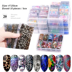 New Design Professional 4*100 cm Art Nail Foil Sticker Set 4cm Width Flower Laser Leopard Nail Foil Set 10pcs Set Mix Pack