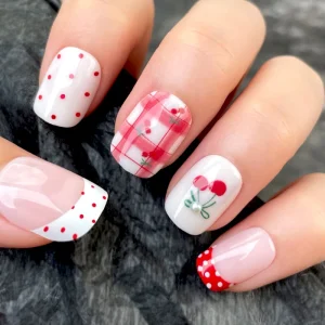New Design Rustic Sweetheart Pure White Pink Check Red Cherry Square Round Glossy Artificial Fingernails Press on Nails