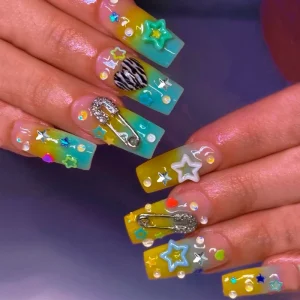 New Design square 3D Punk Style False Nails 24pcs Box Pentagram love Green Gradient Press on Nails