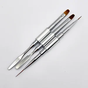 New Matte Silver Metal Gel Brush for Nails Manicure Art Liner Poly Gel Nail Brush Dual Head Gel Nail Polish Brushes with Spatula