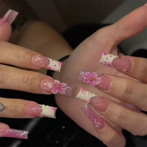New Press on Acrylic Nails Medium Square Nail Art Featuring a pink Base with Polka dot French Tips and 3D Floral Decorations