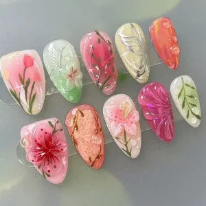 New Spring Hand Painted Floral Press on Nails Custom 3D Flower & Leaf Nail Art Reusable Artificial Fingernails
