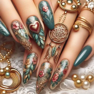 New Vintage Heart Valentine’s Day European American Finger Almond Shape Wearable Ins style Detachable Press on Nails