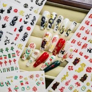New Year Chinese Dragon Mahjong Nail Sticker 3D Self Adhesive Nail Art Stickers Manicure Y2K Holographic Decal