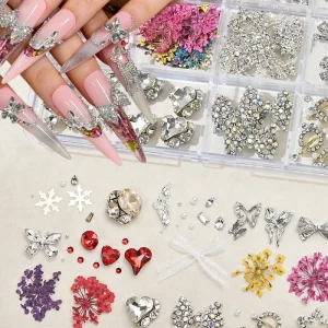 Newest 12 Grids Luxury Nail Art Decorations Alloy Rhinestone Ornaments Snowflake Bell Bowknot DIY Handmade Nail Art Accessories