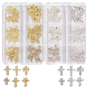 Newest 3D Gold and Silver Cross Design Metal Nail Art Ornaments 6 Grids Box for Nail Decoration