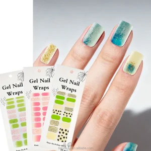 No Light Curing Gel Press on Nail Art Strips with Foil Glitter Fake Nail Wrap stickerSupplies