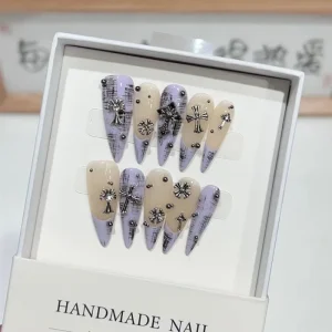 Nude Lavender Purple French Tip Detachable Stick Acrylic Handmade Press on Nails