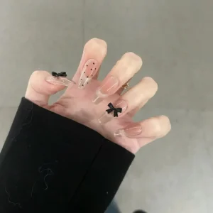 Nude Ombre Long Coffin With Black Polka Dot and 3D Black Bow Decoration Reusable Acrylic Nail Tips for Casual and Party Wear