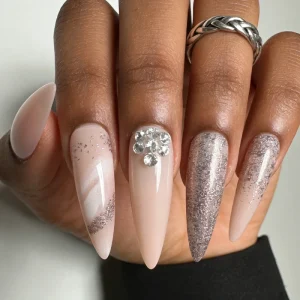 Nude Pink Glitter Press on Nails 24Pcs Stiletto Rhinestone ABS Pre-designed False Nail Tips