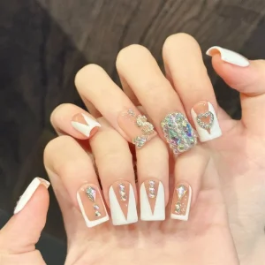 Nude White V French Tip Colorful Heart Luxury Full Short Acrylic High Quality Handmade Press on Nails