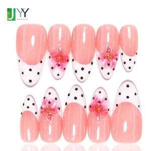 OEM 3d Gel Pink French Press on Nail Polka Dot 10 Pcs Handmade Almond Shape Acrylic Finger Nail Tip Artificial Fingernail