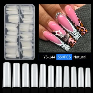 OEM LOGO 550TIPS BOX Square ABS Nail Tips Long Extension Curved Water Pipe Clear Salon for Fingers Half Cover Design