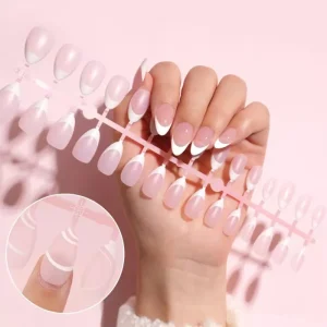 OEM Nude Pink French Designed Full Cover Press on Nails PMMA Almond White French Tips Fake Nails for Finger Easy Apply