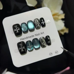 OEM ODM Handmade Metallic Blue Cat Eye Press on Nails 3D Silver Cross Star Design ABS Finger Glue Customizable 250PCS