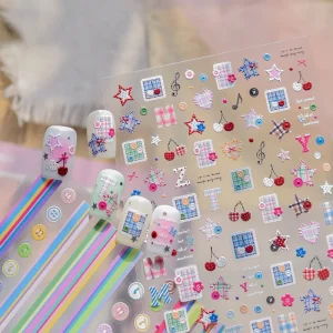 PVC Y2K Plaid Cherry Thin Nail Stickers 3D Preppy Button Letter Nail Decals for Private Label and Salon Bulk Orders