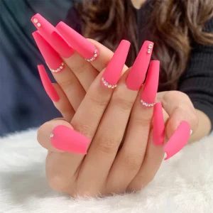 Peach Red Long Ballet Rhinestone Acrylic False Artificial Tips Art Press on Nails