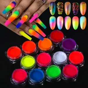 Pigment Powder Set Super Bright Fluorescent Nail Pigment Dust Nail Glitter for Gradient Iridescent Gel Polish Nail Art