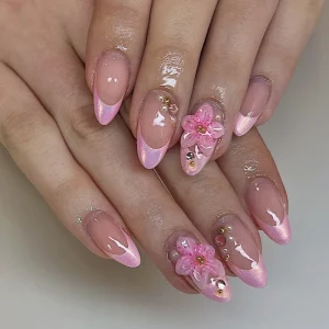 Pink 3D Stereo Floral Pearl French Short Nails High Quality 24pcs Press on Nails En Gros