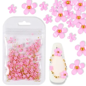 Pink Acrylic Flowers Nail Art Charm Decoration Supplies Mixed Size Gold Bead Pearl 3D Design Kawaii Nail Accessories