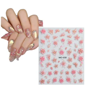 Pink Blue Purple Floral Nail Art Stickers 5D Embossed Gold Edge Self-Adhesive DIY Manicure Nail Art Decoration for Spring