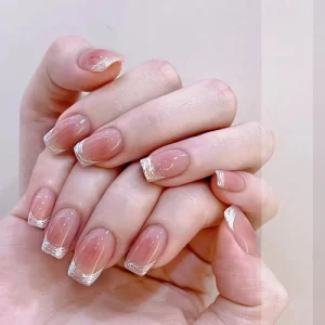 Pink False Nails Tips Medium French Tip False Nails Removable Press on Nails