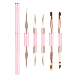 Pink Metal Nylon Double End Oval Flat 3D Ombre Liner Nail Art Brushes Set for Gel Painting
