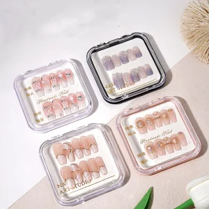 Plastic Press on Nail Tips Packaging Boxes with Double Side Adhesive Nail Tape Acrylic Press on Nail Storage Box in 4 Colors