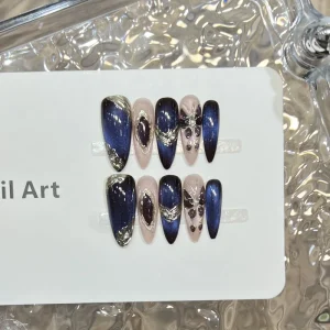 Polar Butterfly Press on Nails with Sweet Punk Blue Cat Eye Design Butterfly Carving Handmade Luxury