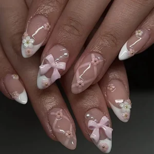 Popular 3d Bow French False Nails Silver Sparkling Diamond Pearl Decoration Nail Panel ABS Press on Nails With Box