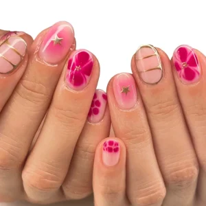 Popular Gold Color Stars Full Cover Press on Nail Hand Drawn Flowers Pink Art Nails Short Circle Stick on Nail