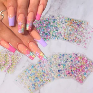 Popular Self-Adhesive 3D French Style Nail Art Decals Cross-Border Colorful Flower Heart Stickers Made of Plastic