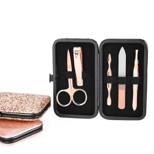 Portable Travel 5 PCS Manicure Set Glass Nail File Nail Clipper Beauty Set